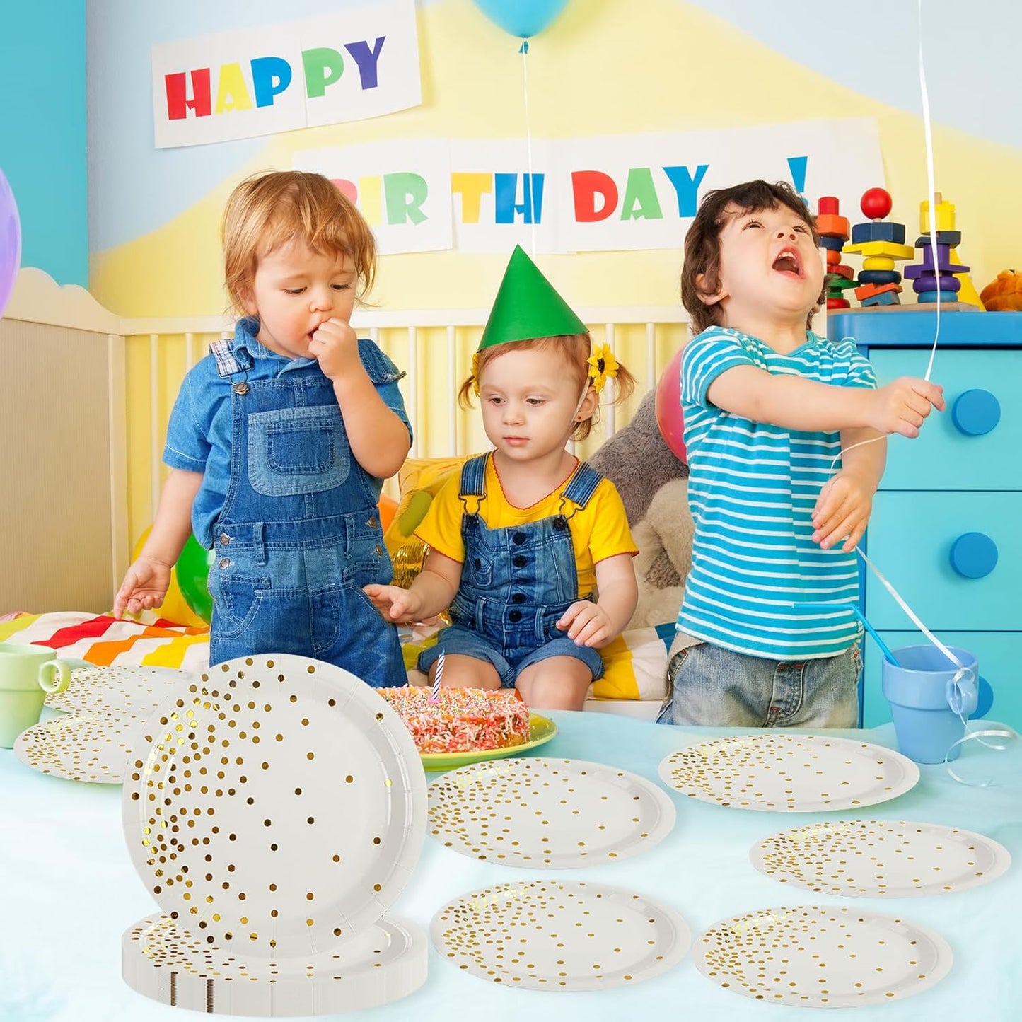 90PCS White and Gold Paper Plates and Napkins Set, Disposable Gold Dot Party Plates with Napkins Forks Dessert Dinnerware Party Supplies for Wedding, Graduation, Festivals