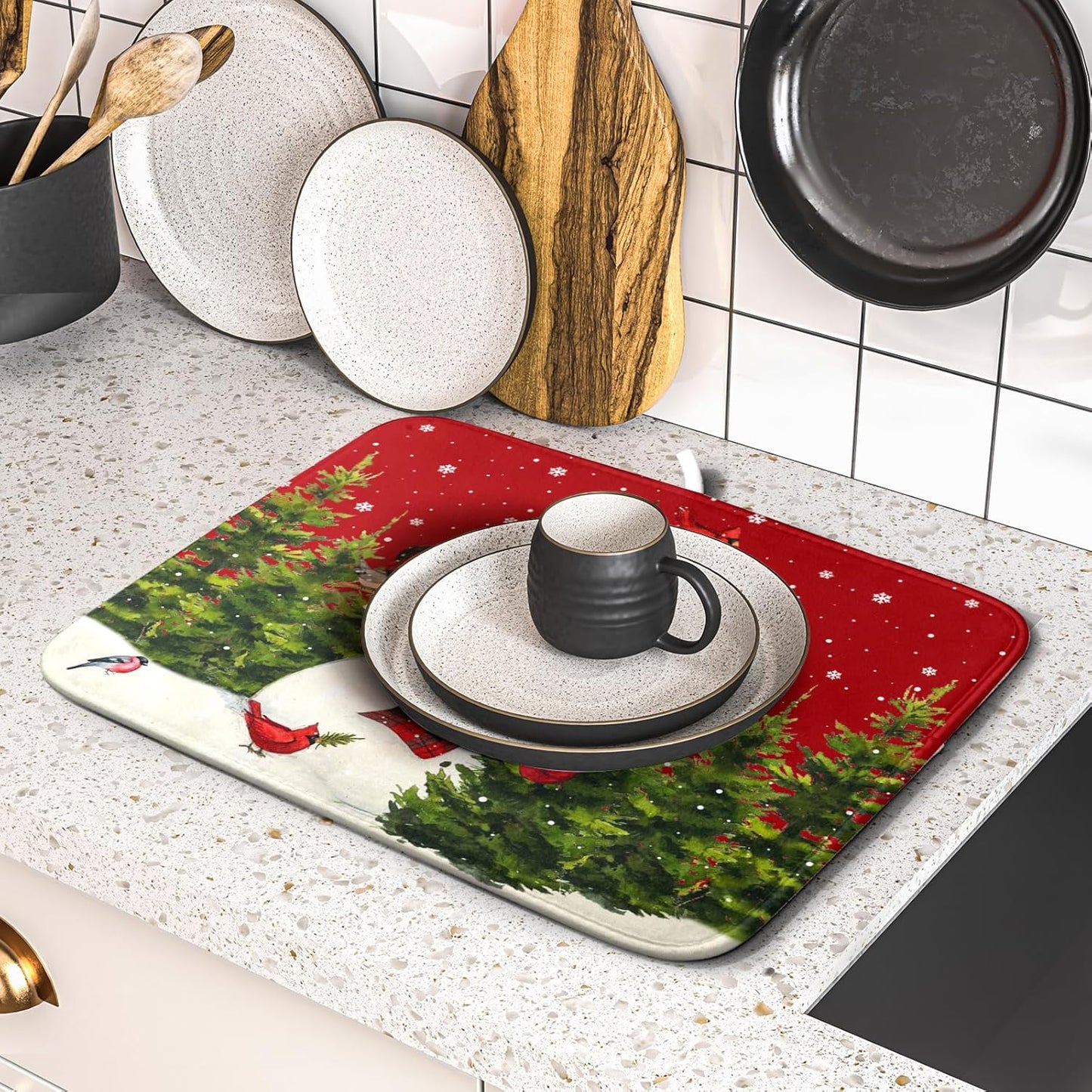 Christmas Tree Snowman Dish Drying Mats for Kitchen Counter 16×18 Inch Bird Snowflake Small Microfiber Drying Mat Kitchen Accessories Dish Rack Mat Drainer Pad Washable Absorbent