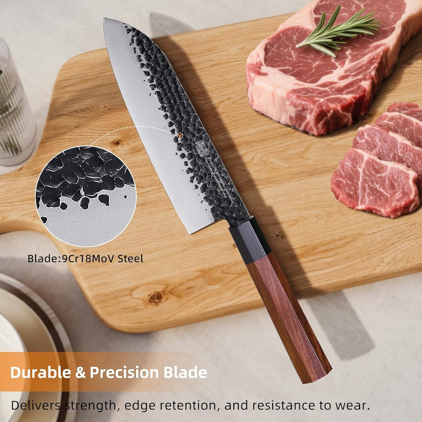 FINDKING Dynasty Series Japanese Santoku Knife, Professional Kitchen Knife, 9Cr18MoV High Carbon Steel Blade, African Rosewood Octagonal Handle, for Meat, Fruits, Vegetables, 7 Inches