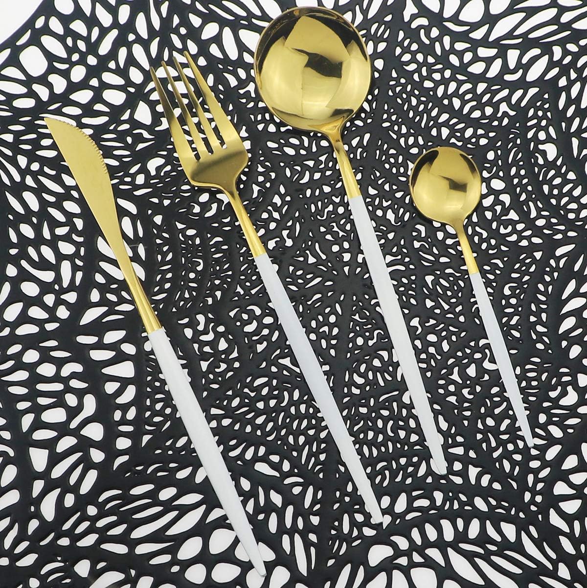 Shiny Silverware Sets, 24-Piece Elegant Cute White Handle Gold Cutlery set,304 Stainless Steel Silverware Set for Eating Home Kitchen Hotel Restaurant, Sets for 6 People, Dishwasher Safe