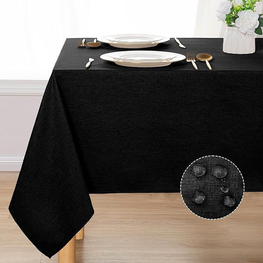 DWCN Black Table Cloth Rectangle - Faux Linen Fabric Waterproof Spill-Proof Wrinkle and Stain Resistant Tablecloths Decorative Farmhouse Table Cover for Kitchen Dining Party, 60 x 84 Inch