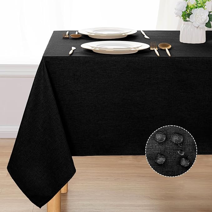 DWCN Black Table Cloth Rectangle - Faux Linen Fabric Waterproof Spill-Proof Wrinkle and Stain Resistant Tablecloths Decorative Farmhouse Table Cover for Kitchen Dining Party, 52 x 70 Inch
