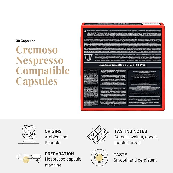 Caffe' Vergnano 1882 Medium Roast Espresso Original Line Machine Compatible Capsules, Single-Serve Arabica Robusta Espresso Coffee, Italian For Nespresso Machines, Intensity 6/10, Cremoso, 30 Ct