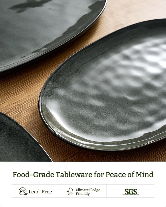 famiware Serving Platter, Oval 15.59/14.3/12.9 inch Serving Dishes for Entertaining, Serving Bowls, Dishwasher Safe, Fine Stonware Serving Trays for Party, Turkey, Cheese, Reactive Glaze, Deep Forest