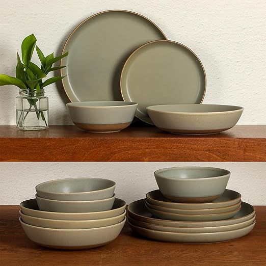 Gibson Elite Laguna Bliss 16 Piece Stoneware Reactive Glaze (Service for 4) Ceramic Plates and Bowls Dinnerware Set - Matte Green W/Terracotta Bottom