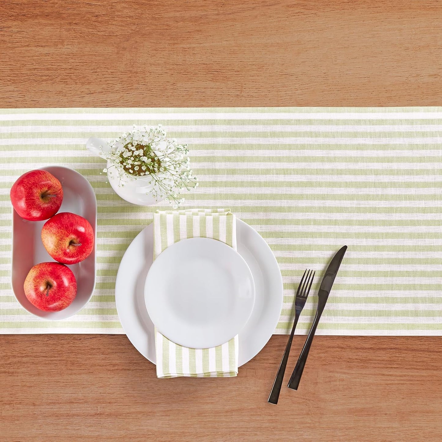 Solino Home Linen Table Runner 120 Inches Long - Amalfi Stripe, 100% Pure Linen Sage and White Farmhouse Table Runner 14 x 120 Inch for Dining, Fall, Autumn, Thanksgiving, Christmas