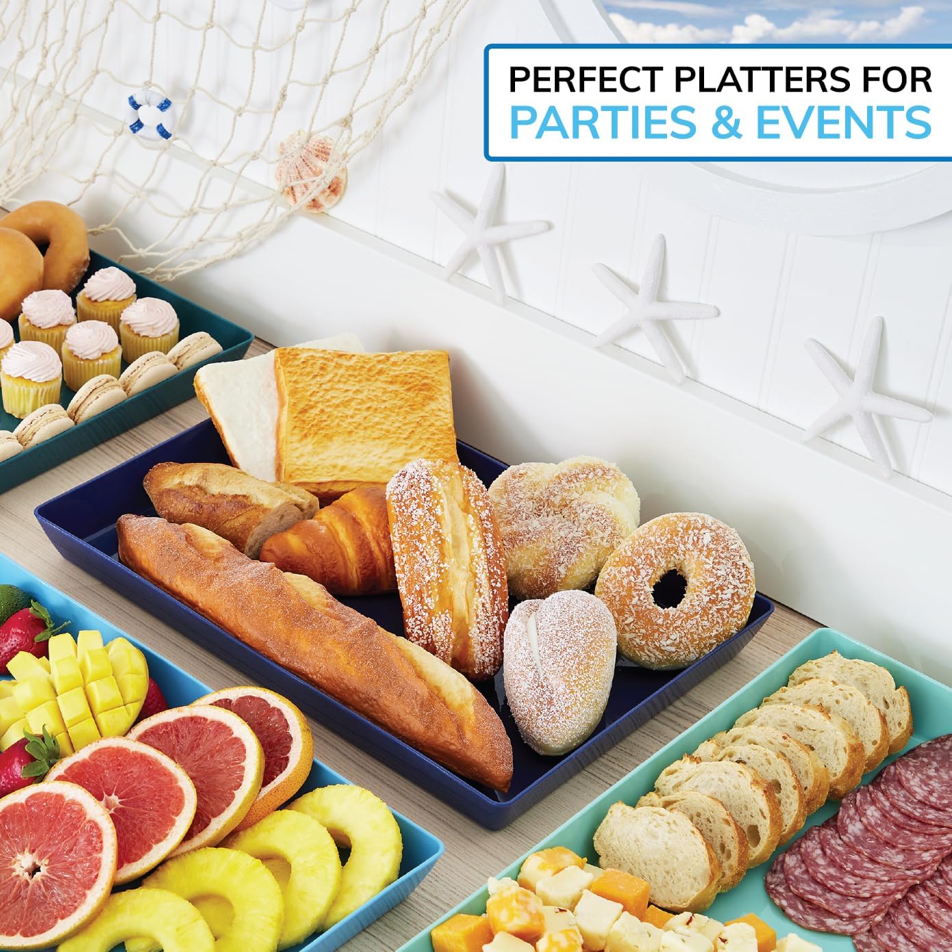 US Acrylic Coastal Plastic Serving Trays (Set of 4) 15” x 10” | Large Unbreakable Reusable Rectangular Party Platters | Serve Appetizers, Fruit, Veggies, & Desserts | BPA-Free & Made in USA