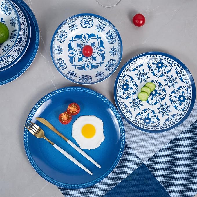 Melamine Dinnerware Set -12pcs Outdoor and Indoor Plates and Bowls Set ,Service for 4, Dishwasher Safe, Blue Flower