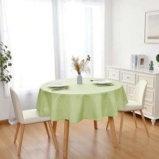 JIUZHEN Round Table Cloth Faux Linen Farmhouse Tablecloth Wrinkle and Stain Resistant Decorative Fabric Table Cover for Kitchen, Dining Room, Parties and Camping, Sage Green, 120 Inch Round