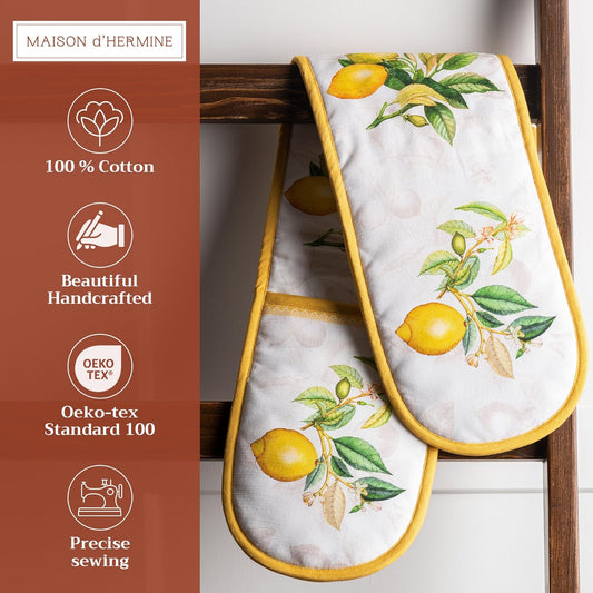 Maison d' Hermine Double Oven Mitts 100% Cotton 7"x35" Double Oven Mitt Heat Resistant BBQ Cooking Gloves with Loop, Baking, Grilling, Home, Kitchen, Handling Hot Pans Spring Summer (Limoncello)