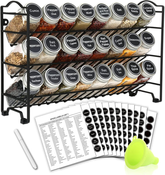 SWOMMOLY Spice Rack Organizer with 24 Empty Glass Spice Jars, 396 Spice Labels with Chalk Marker and Funnel Complete Set, for Countertop, Cabinet or Wall Mount, Black