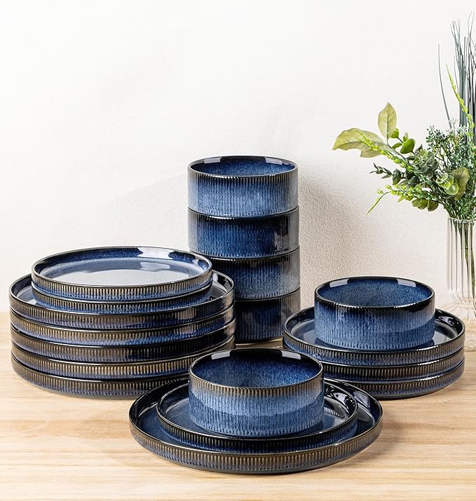 TheTerra Ceramic Dinnerware Sets for 6, 18 Pieces Porcelain Lightweight Speckled Plates and Bowls Sets, Scratch Resistant Dish Set, Oven & Microwave & Dishwasher Safe, Starry Blue
