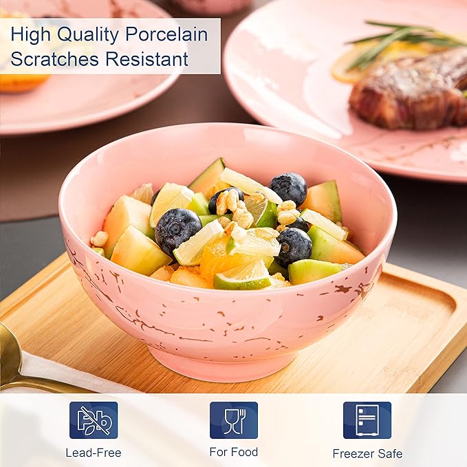 LOVECASA Pink Dinnerware Set for 4, 16 Piece Porcelain Dish With Plates, Bowls and Mugs, Gold Splash Glaze Round Modern Ceramic Dinner Set, Dishwasher Microwave Safe