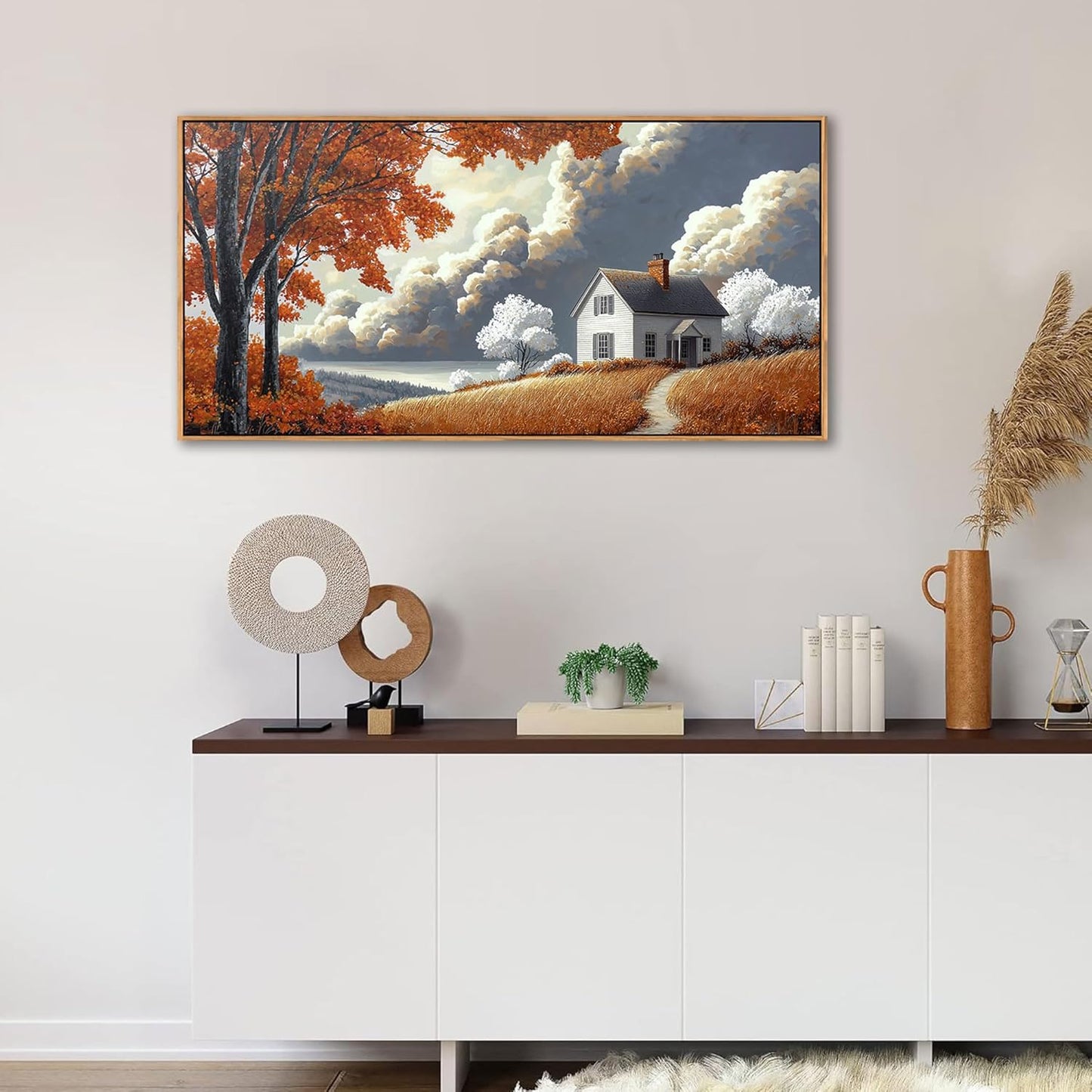 QZQCBLC Farmhouse Wall Art, White Clouds Orange Trees Landscape Pictures Rustic Cabin Painting Framed Artwork for Living room Bedroom Bathroom Home Office Decor 20x40 IN