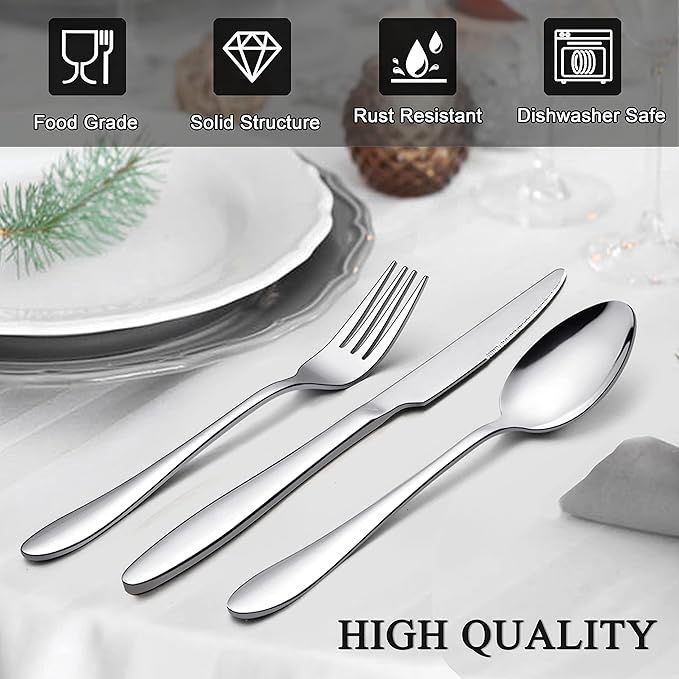 LIANYU Silverware Flatware Set for 8, 40 Piece Stainless Steel Cutlery Set Include Forks Spoons Knives, Eating Utensils for Home Kitchen Restaurant Tableware, Mirror Finish, Dishwasher Safe