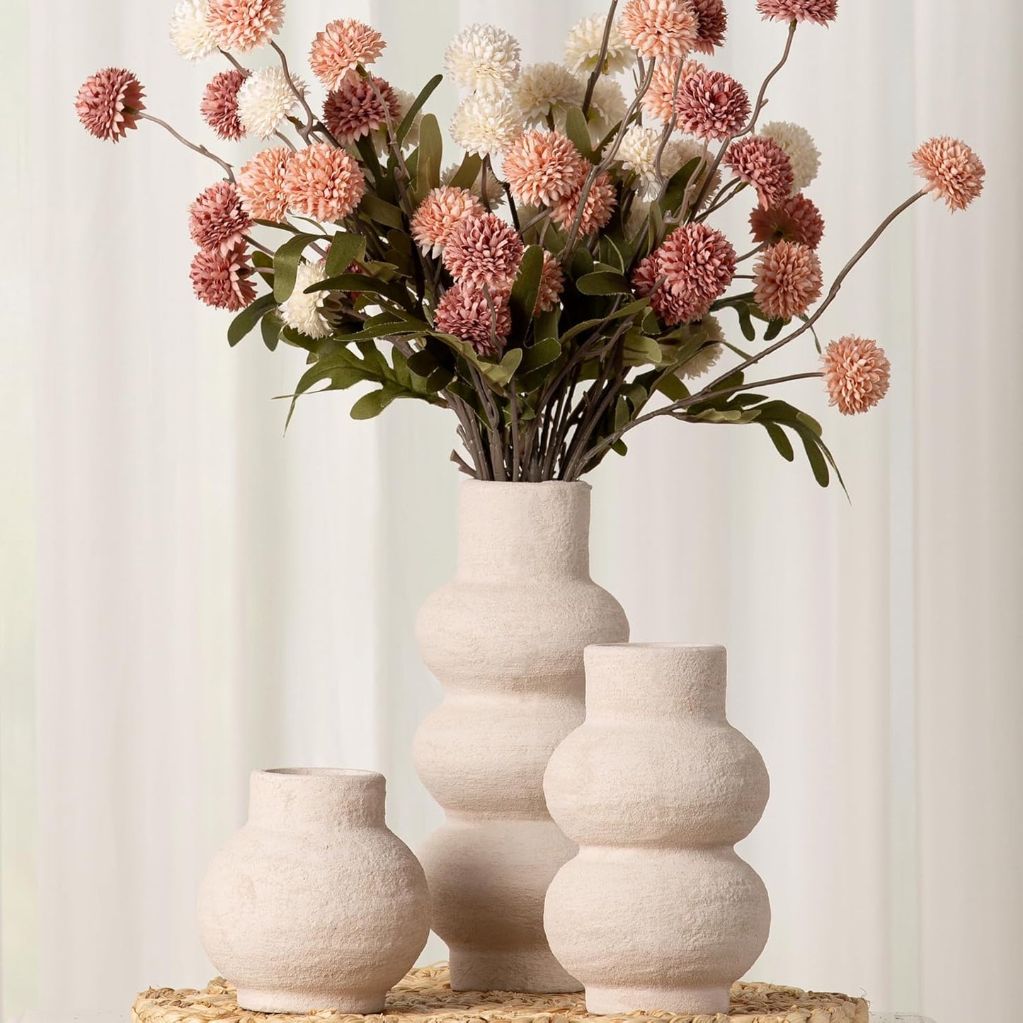 Ceramic Vase Home Table Decor - White Flower Vase Set of 3 Living Room Kitchen Decorations Farmhouse Modern Rustic Vases Decorative Centerpiece for Shelf Bedroom Office Bathroom Dining Coffee Desk