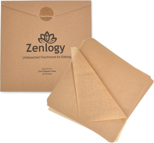 Zenlogy 12x12 Parchment Paper Squares (200 Sheets), Unbleached, High Heat, Non-stick, Pre-cut Baking Paper for Dehydrator, Ninja Foodi Flip Air Fryer, Toaster Oven, and so much more.