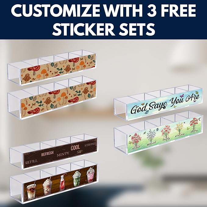 Acrylic Straw Holder for Cabinet Door or Countertop - Clear Organizer & Dispenser with 3 Sets of Decorative Stickers for Reusable Straws, Space-Saving Kitchen Storage, Pantry Organizer
