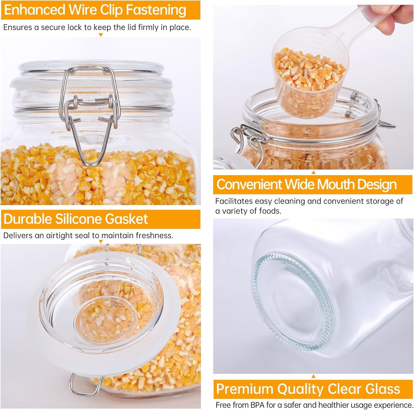 Mason Jars, 3 Pcs 34oz 1000ml Glass Food Storage Containers with Airtight Lids, Flour Sugar Storage Containers Sets for the Kitchen, With Metal Food Tongs & Measuring Cups & Sorting Labels