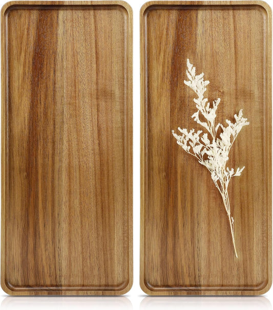 2 pcs 15.7" x 7" Large Solid Acacia Wood Serving Trays Rectangular Wooden Serving Platters Natural Wooden Boards for Bar Coffee Party