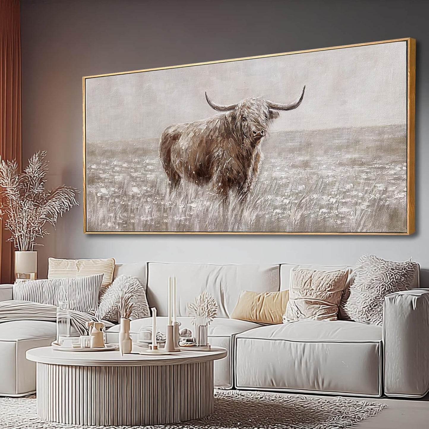 MLART99 Rustic Highland Cow Canvas Vintage Animal Print Brown Ox Wall Art Extra large Artwork- 32x70 Inch Decorative Piece for Country Style Home Decor for Living Room Entryway
