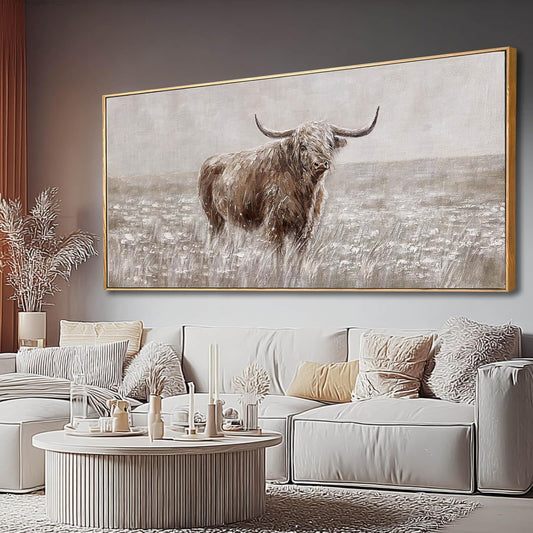 MLART99 Rustic Highland Cow Canvas Vintage Animal Print Brown Ox Wall Art Extra large Artwork- 32x70 Inch Decorative Piece for Country Style Home Decor for Living Room Entryway