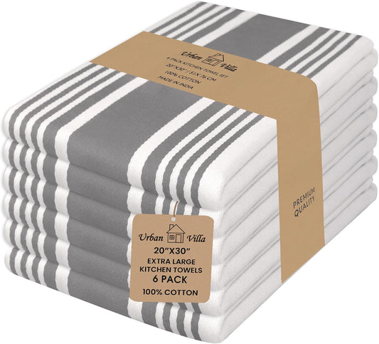 Urban Villa Kitchen Towels 100% Cotton Pack of 6, Highly Absorbent Quick Drying Super Soft Premium Dish Towel for kitchen with Hanging Loop Hand & Tea Towels - 20x30 Inch, (Dove Grey & White, Striped)