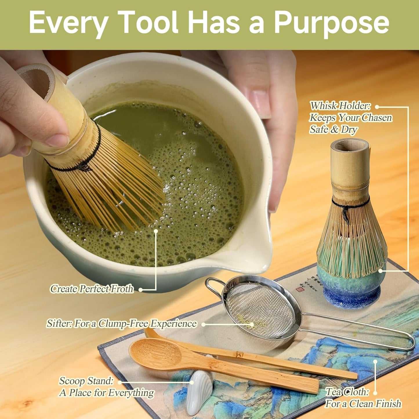 Matcha Whisk Set with Ceramic Bowl - Bamboo Whisk (Chasen), Scoop, Sifter & Holder - Complete Kit for Traditional Matcha Tea - Unique Gifts for Tea Lovers (Kiln-Frost)
