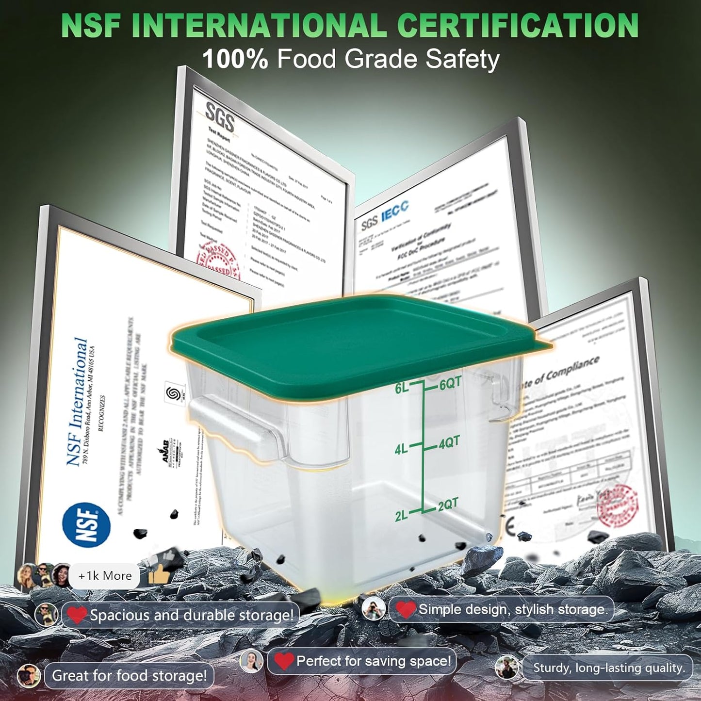 4QT NSF Food Storage Containers with Lids: 4 PCS [Total Food Grade][Hot&Cold Resistant] Commercial Clear Food Storage Containers for Restaurant Kitchen Proof Dough, Measuring Spoons Included(Green)