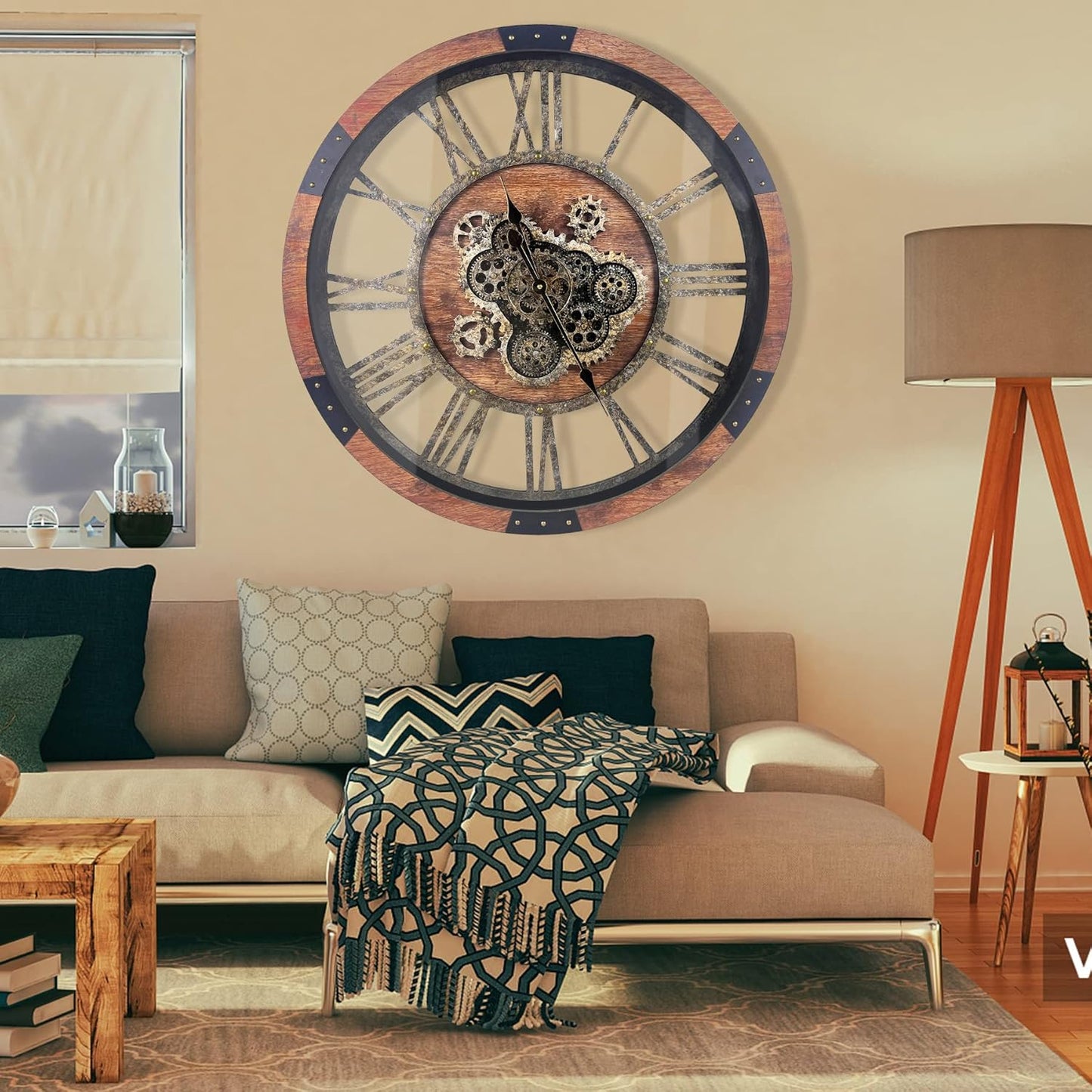 DORBOKER 30" Large Wall Clock Moving Gears,Oversized Industrial Rustic Farmhouse Clocks for Living Room Decor Office Home, Solid Wood Retro Metal HD Tempered Glass Cover, Brown and Vintage Bronze