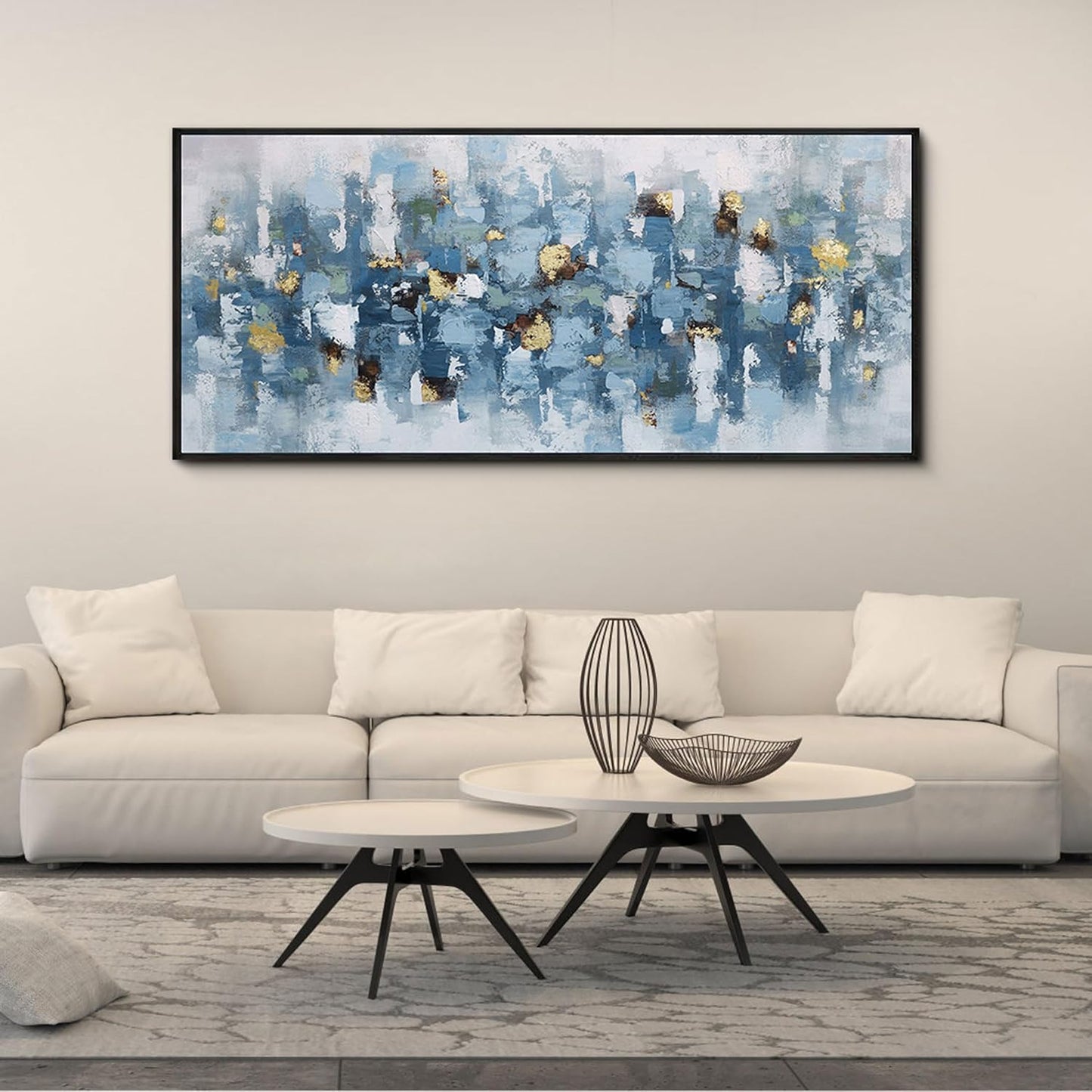 KLAKLA Blue and White Abstract Wall Art - Living Room Wall Decor Gold Picture Artwork for Walls Prints Paintings Framed Canvas Bedroom Office Guest Room Home Decoration 70x31 Inches