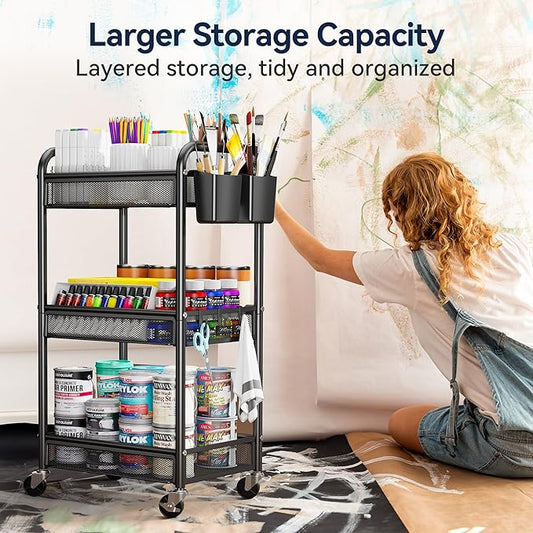 YASONIC 3 Tier Rolling Cart – Metal Utility Storage Carts with Wheels, Craft Cart Organizer with Hanging Cups, Hooks, Mesh Basket for Bedside Kitchen Office Art, Black