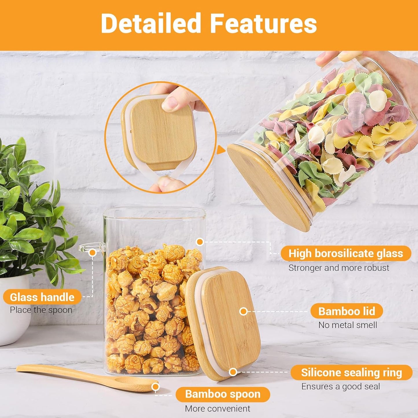 Glass Jars with Bamboo Lids and Spoons - 2 Pack 37 Fl.oz Square Glass Flour Sugar Containers Set, Includes Labels and Marker, Large Kitchen Canisters with Airtight Lid for Cereal, Rice, Bean