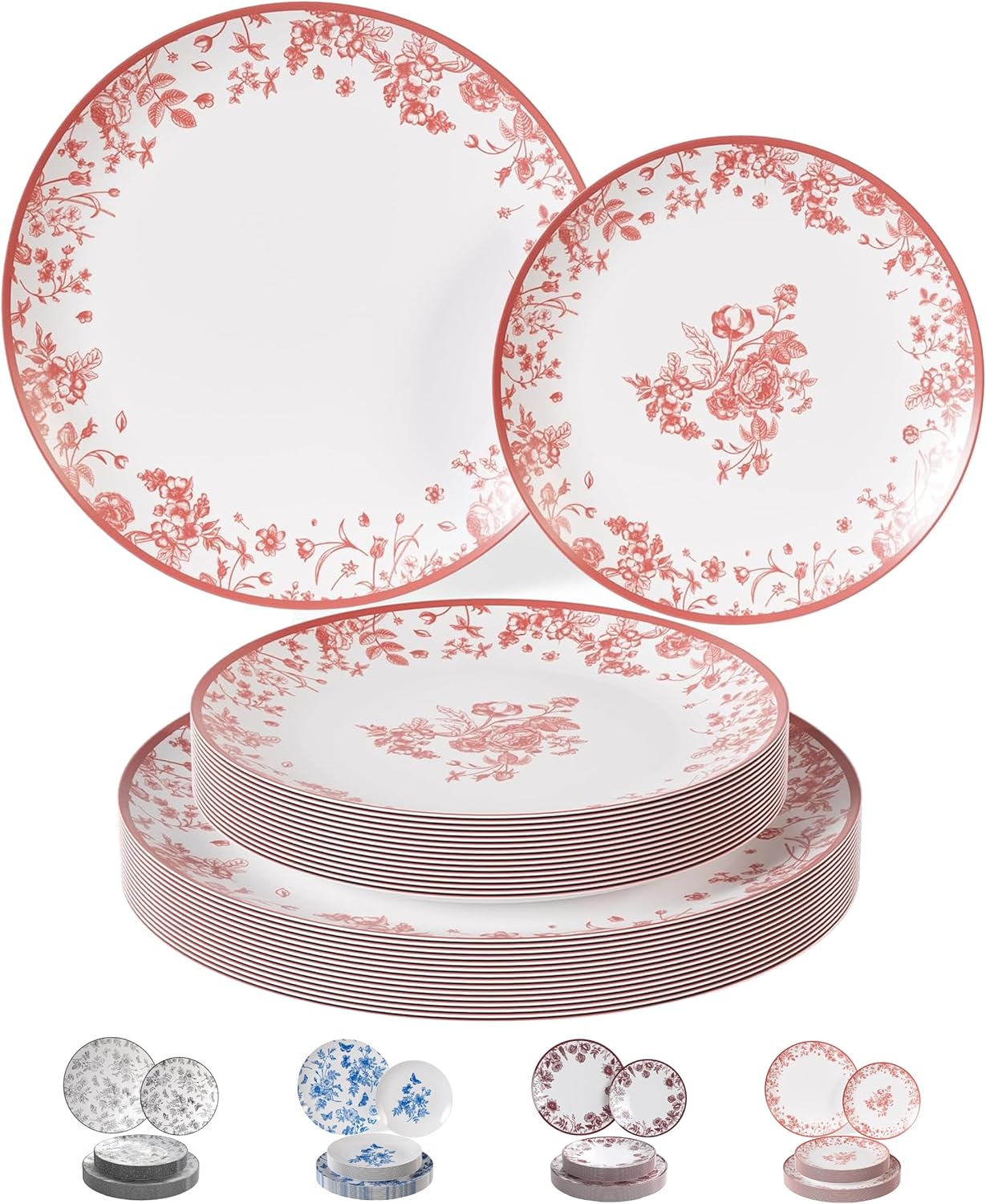 Trendables Disposable Plates For Party Supplies | Pink Floral Plastic Plates For Wedding 200 Pcs - 100 X 8" & 100 X 10" Dinner Plate Sets | Floral Plate Set Disposable Plastic Dinnerware Sets