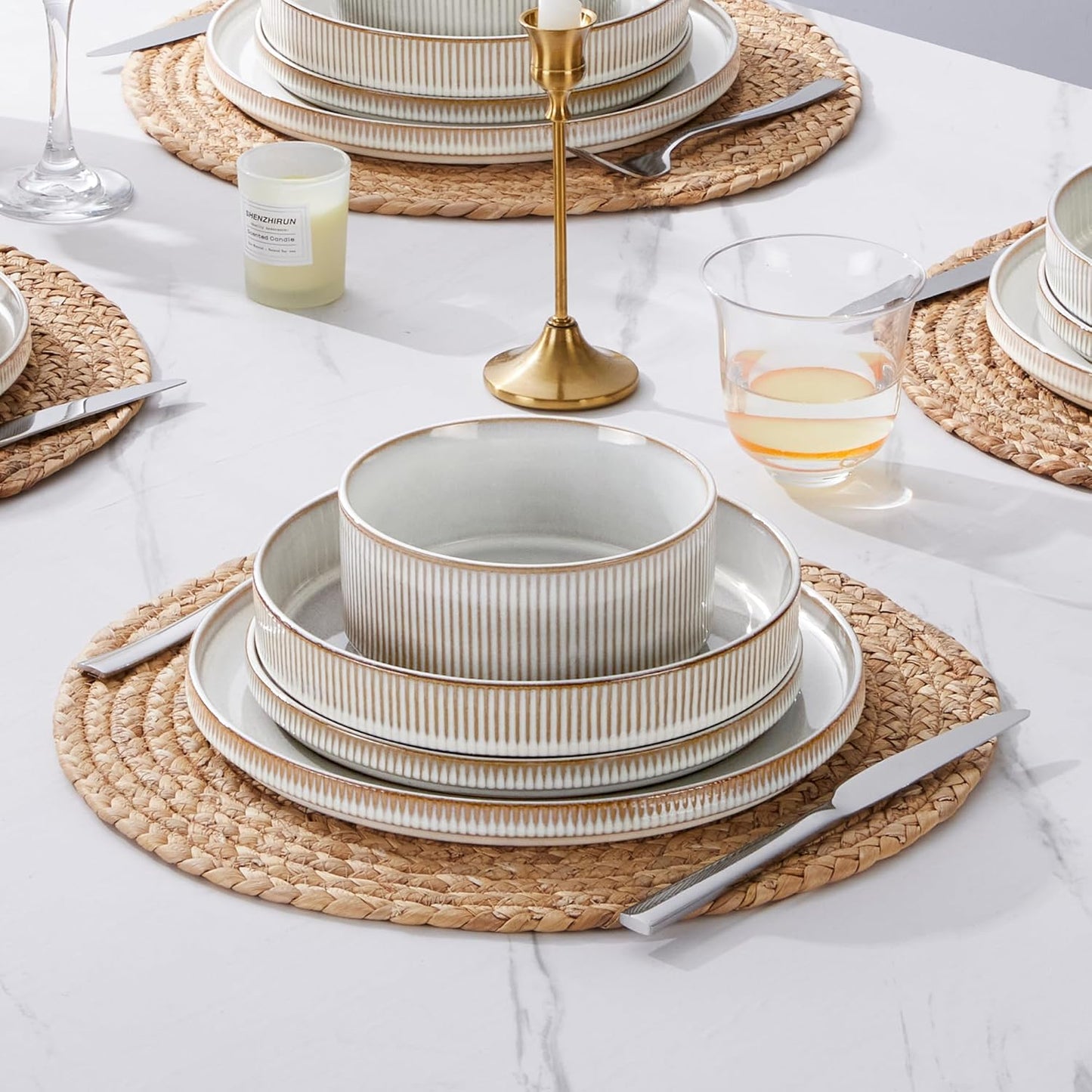 E-far 16 Piece Dinnerware Sets, Plates and Bowls with Pasta Bowls Service for 4, Modern Stoneware Ribbed Dishes for Kitchen Dining, Microwave & Dishwasher Safe, Creamy Beige