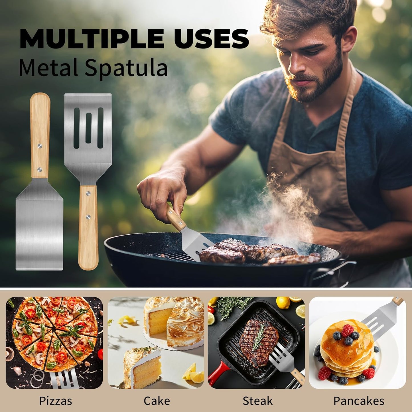 2 Pieces Stainless Steel Spatula Set,Metal Spatula for Cast Iron Skillet,Metal Spatula for Cooking with Wooden Handle,Metal Spatulas for kitchen use for Pancakes,Frying steak,Burger and Desserts