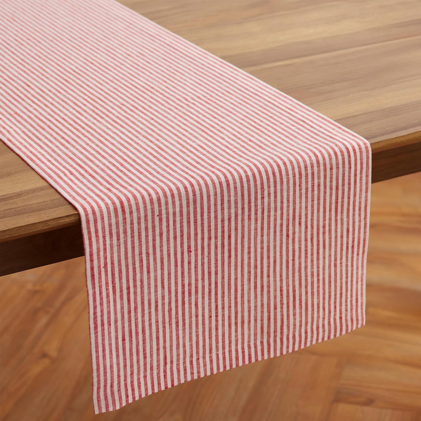 Solino Home Linen Table Runner 60 Inches - Narrow Stripe 100% Pure Linen Red and White Table Runner 14 x 60 Inch Ideal for Dresser and Coffee Tables - Christmas, Holiday