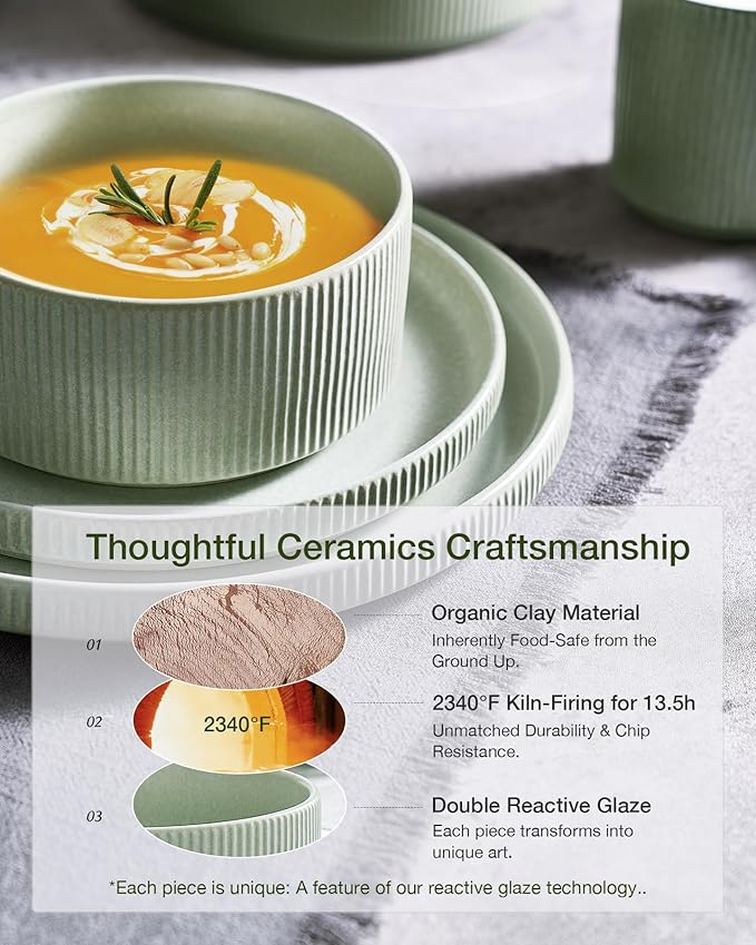 Famiware Star Dinnerware Set, Plates and Bowls Sets for 8 (24pcs), Ribbed Stoneware Dishes - Chip & Scratch Resistant, Microwave & Dishwasher Safe, Matte Sage Green