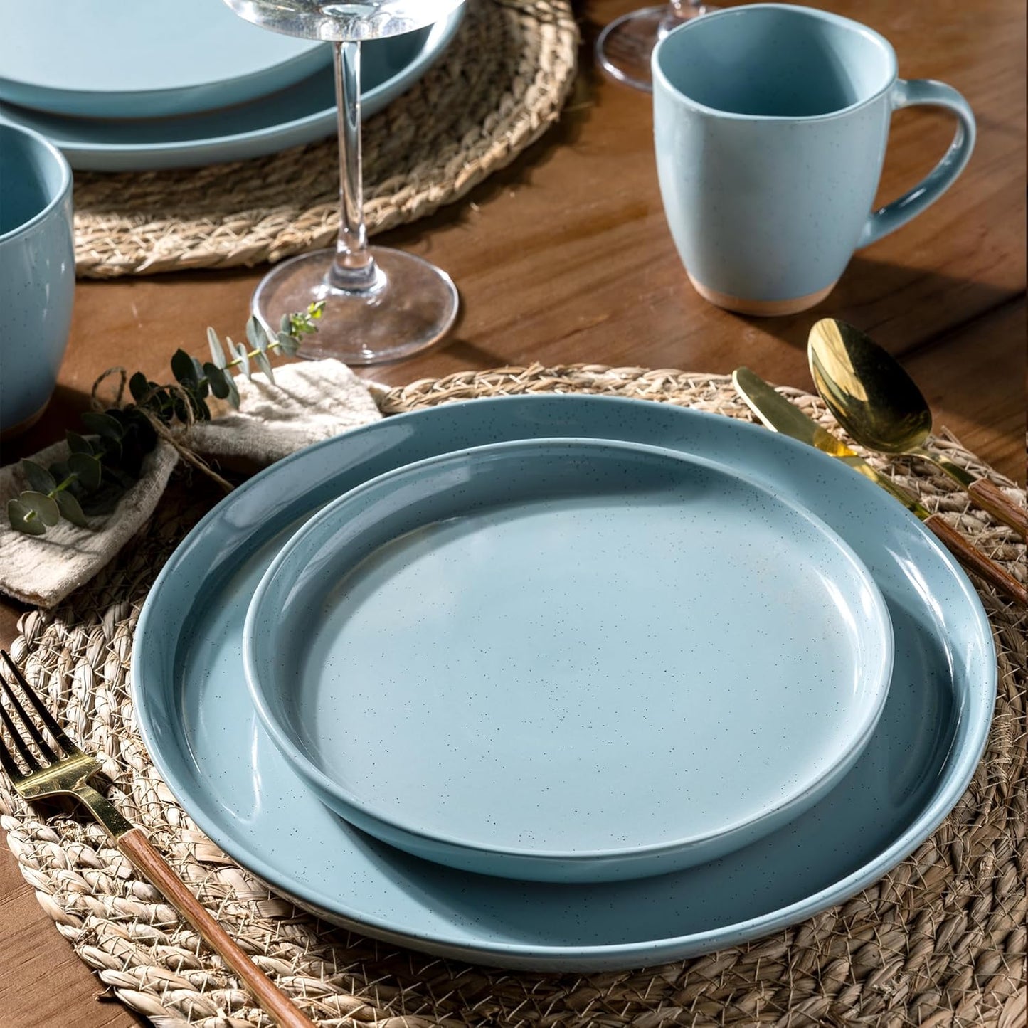 AmorArc Ceramic Dinnerware Sets for 6, 18 Pieces Handpainted Plates and Bowls Set with Rustic Terracotta Underside, Scratch Resistant Stoneware Dishes Set, Dishwasher & Microwave Safe, Stone Blue