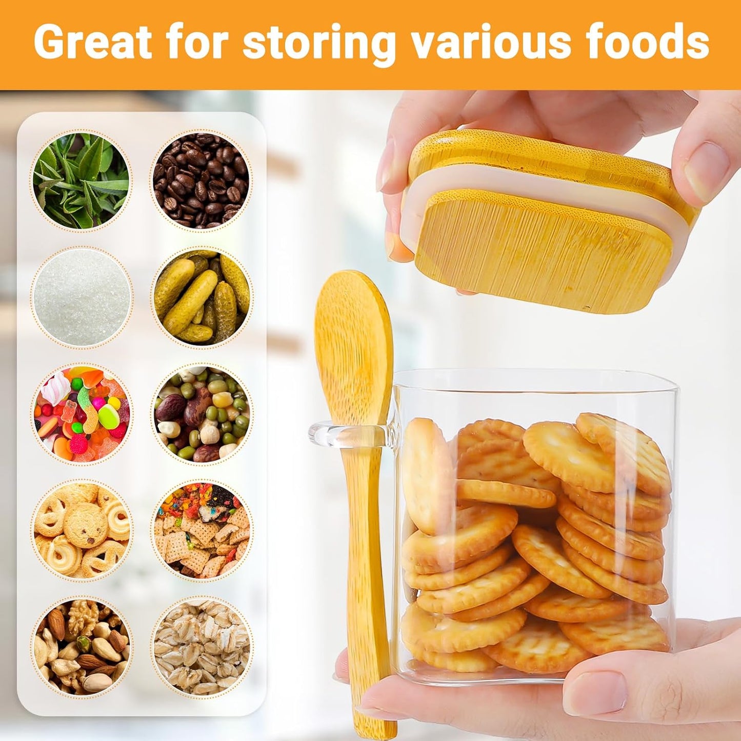 Glass Jars with Bamboo Lids - 4 Pack 10 Fl.oz Square Glass Spice Jars with Airtight Lid and Spoon, Kitchen Pantry Container Stackable Food Canister Set for Coffee, Sugar, Tea, Candy, Oats