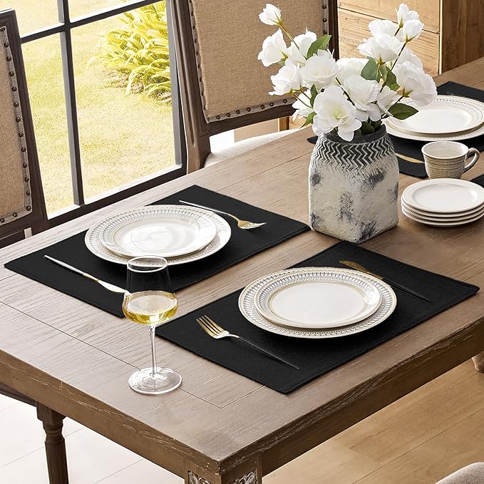 Romanstile Cloth Placemats Set of 4-12 x 18 Inch, Heat Resistant Double Layered Thickened Burlap Place Mats, Washable Faux Linen Farmhouse Table Mats for Kitchen/Dining/Party/Outdoor, Black