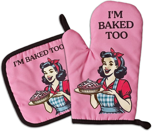 Retro Housewife Oven Mitts and Pot Holders（Set of 2） I'm Baked Too Heat Resistant Baking Mitts Silicone Non-Slip Oven Mitts Kitchen Chef Gift Funny Birthday Gift for Women Hostess Mom Friend
