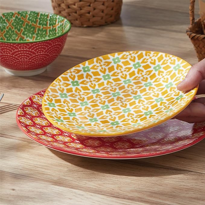 ONEMORE 12 Piece Ceramic Dinnerware Set for 4, Porcelain Plates and Bowls Set - Microwave, Dishwasher & Oven Safe, Durable Everyday & Formal Use, Colorful Stoneware Dish Set