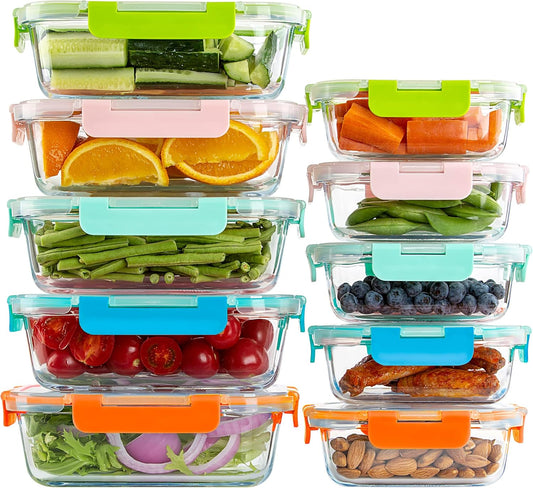 UMEIED 10 Pack Glass Food Storage Containers with Lids Leakproof, Airtight Glass Meal Prep Containers For Lunch, On The Go, Leftover, Dishwasher Safe