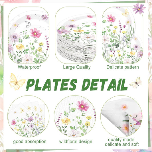 250 Pcs Wildflower Party Decorations Include Spring Summer Floral Paper Plates Napkins and Cups for Wildflower Baby Shower Tea Decorations, Serve 50 Guest(Watercolor,Fresh Style)