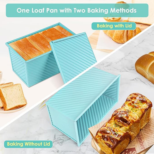 Blue Pullman Loaf Pan with Lid, Sandwich Bread Pullman Loaf Pan, 1LB Dough Capacity Rectangular Bread Pan, Non-Stick Loaf Pan with Dough Scraper Cutter for Sandwich Bread