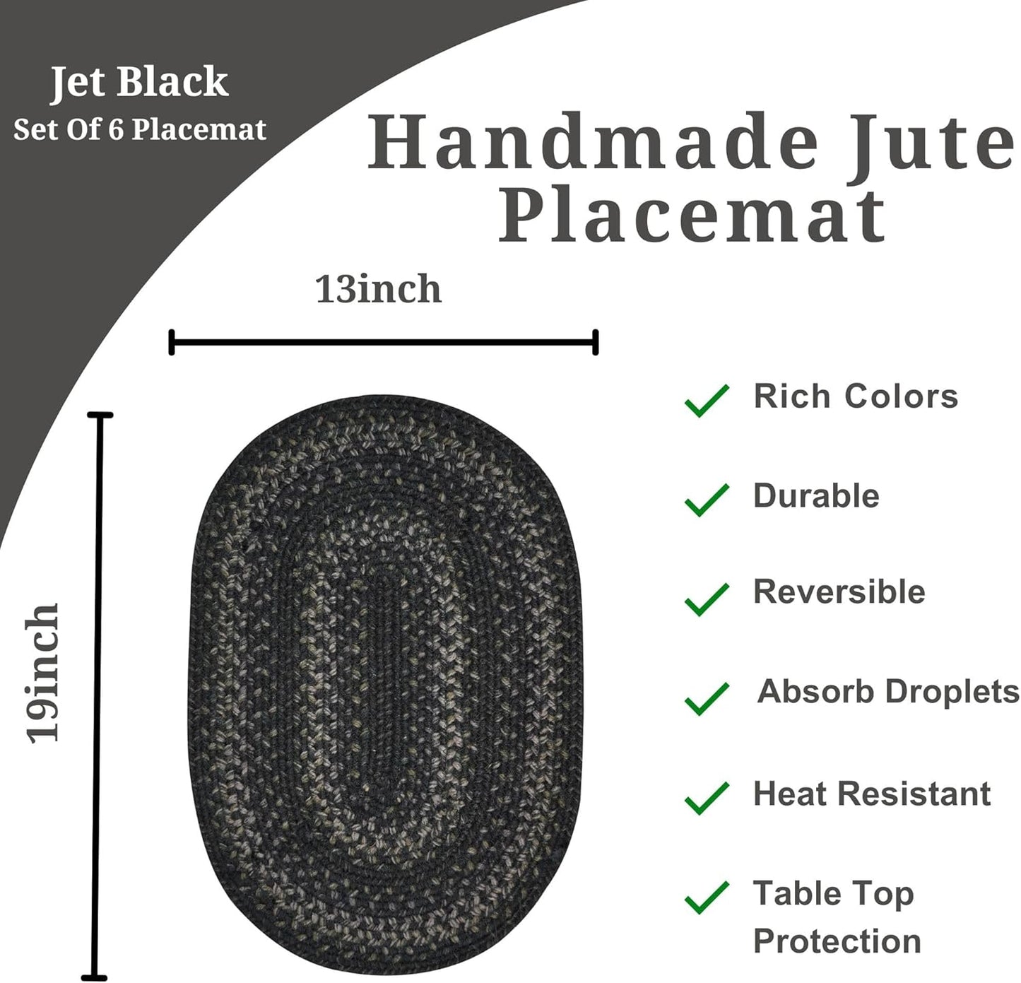 Homespice Jet Black Braided Oval Placemats, Warm Primitive Decor, Set of 6, 13x19 Jute Table Mats - Vibrant Colors, Durable, Easy to Clean and Protects Furniture