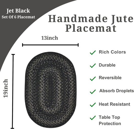 Homespice Jet Black Braided Oval Placemats, Warm Primitive Decor, Set of 6, 13x19 Jute Table Mats - Vibrant Colors, Durable, Easy to Clean and Protects Furniture