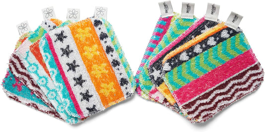 Skoy Scrub, 8-Pack Reusable, Non-Scratching Dish Scrubber for Kitchen and Household Cleaning, Planet-Friendly, Dishwasher Safe Soft Scrub, Assorted Colors and Designs