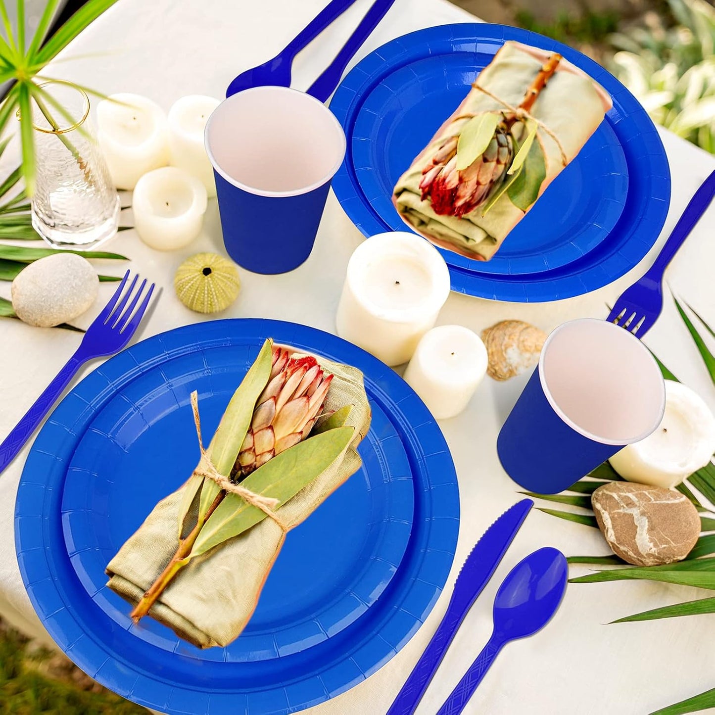 TWOWYHI 228PCS Blue Party Supplies Set Include Paper Plates Cups Blue Napkins Plastic Spoons Forks Knives for 30 Guests Disposable Party Dinnerware for Birthday Wedding Family Picnic